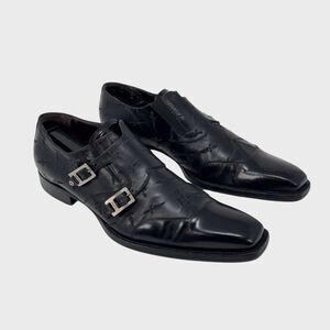 Cesare Paciotti Men Shoes Black Leather Tooled Dagger Square Buckle Slip On US 7